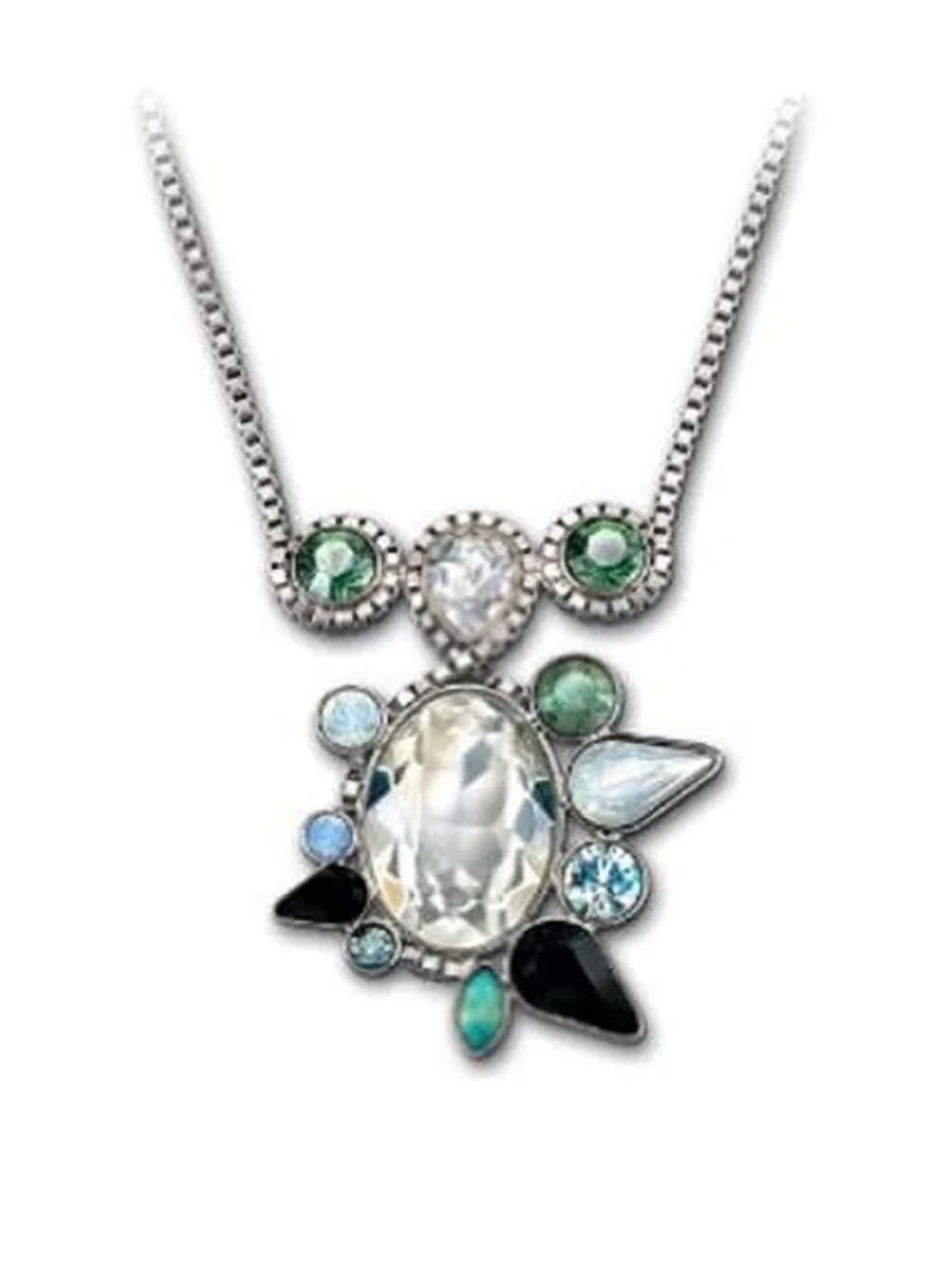 Swarovski Silver Necklace with Clear, Green, Blue and Black Stones